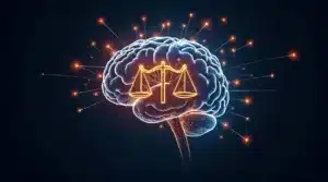 A glowing digital brain with circuits and ethical symbols like scales and a shield on a dark background, symbolizing AI ethics and responsible tech.